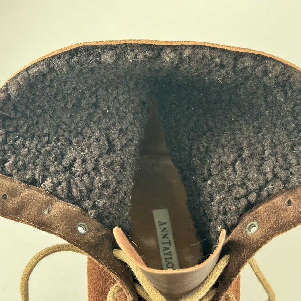 Brown Leather‎ Suede Lace Up Boots Faux Fur Lined Fold Over Ankle Ann Taylor - Picture 15 of 16